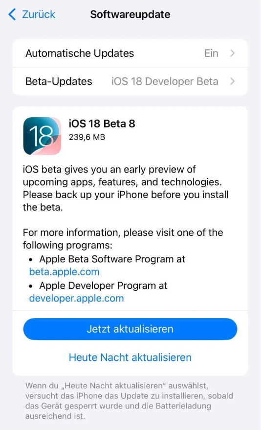 洋县苹果手机维修分享苹果 iOS / iPadOS 18 开发者预览版 Beta 8 发布 